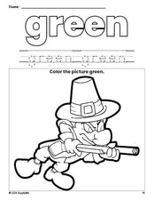 Free Thanksgiving pilgrim color green coloring page and color worksheet, green worksheet for preschoolers to learn colors, printable PDF