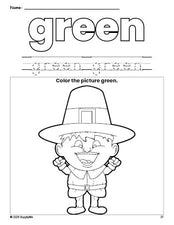 Free Thanksgiving pilgrim color green coloring page and color worksheet, green worksheet for preschoolers to learn colors, printable PDF