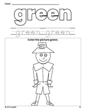 Free Thanksgiving pilgrim color green coloring page and color worksheet, green worksheet for preschoolers to learn colors, printable PDF