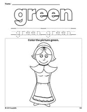 Free Thanksgiving pilgrim color green coloring page and color worksheet, green worksheet for preschoolers to learn colors, printable PDF