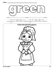 Free Thanksgiving pilgrim color green coloring page and color worksheet, green worksheet for preschoolers to learn colors, printable PDF