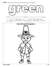 Free Thanksgiving pilgrim color green coloring page and color worksheet, green worksheet for preschoolers to learn colors, printable PDF