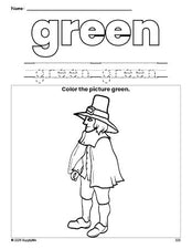 Free Thanksgiving pilgrim color green coloring page and color worksheet, green worksheet for preschoolers to learn colors, printable PDF