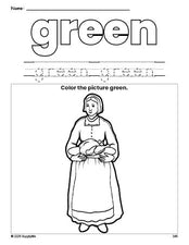 Free Thanksgiving pilgrim color green coloring page and color worksheet, green worksheet for preschoolers to learn colors, printable PDF