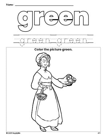 Free Thanksgiving pilgrim color green coloring page and color worksheet, green worksheet for preschoolers to learn colors, printable PDF