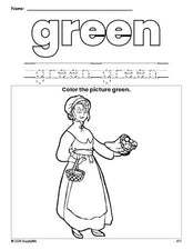 Free Thanksgiving pilgrim color green coloring page and color worksheet, green worksheet for preschoolers to learn colors, printable PDF