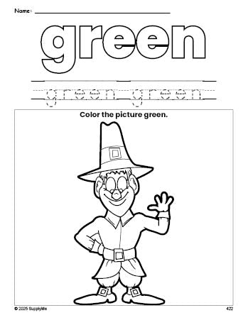 Free Thanksgiving pilgrim color green coloring page and color worksheet, green worksheet for preschoolers to learn colors, printable PDF