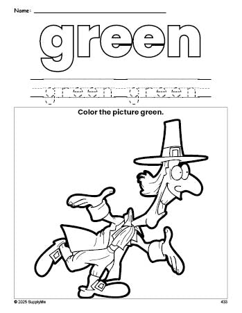 Free Thanksgiving pilgrim color green coloring page and color worksheet, green worksheet for preschoolers to learn colors, printable PDF