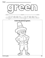 Free Thanksgiving pilgrim color green coloring page and color worksheet, green worksheet for preschoolers to learn colors, printable PDF