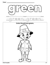 Free Thanksgiving pilgrim color green coloring page and color worksheet, green worksheet for preschoolers to learn colors, printable PDF