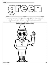 Free Thanksgiving pilgrim color green coloring page and color worksheet, green worksheet for preschoolers to learn colors, printable PDF