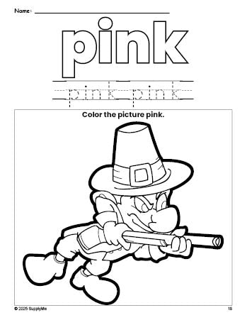 Free Thanksgiving pilgrim color pink coloring page and color worksheet, pink worksheet for preschoolers to learn colors, printable PDF