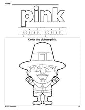 Free Thanksgiving pilgrim color pink coloring page and color worksheet, pink worksheet for preschoolers to learn colors, printable PDF