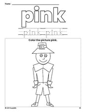 Free Thanksgiving pilgrim color pink coloring page and color worksheet, pink worksheet for preschoolers to learn colors, printable PDF