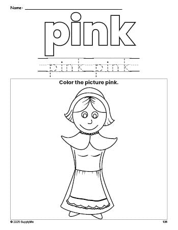 Free Thanksgiving pilgrim color pink coloring page and color worksheet, pink worksheet for preschoolers to learn colors, printable PDF