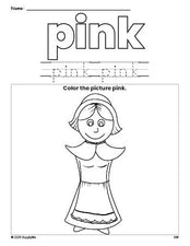 Free Thanksgiving pilgrim color pink coloring page and color worksheet, pink worksheet for preschoolers to learn colors, printable PDF