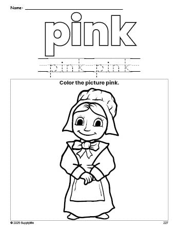 Free Thanksgiving pilgrim color pink coloring page and color worksheet, pink worksheet for preschoolers to learn colors, printable PDF