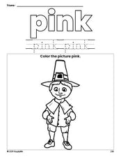 Free Thanksgiving pilgrim color pink coloring page and color worksheet, pink worksheet for preschoolers to learn colors, printable PDF