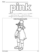 Free Thanksgiving pilgrim color pink coloring page and color worksheet, pink worksheet for preschoolers to learn colors, printable PDF