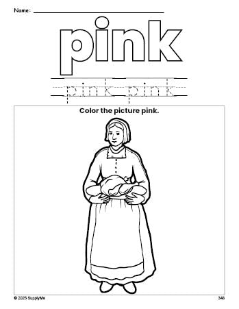 Free Thanksgiving pilgrim color pink coloring page and color worksheet, pink worksheet for preschoolers to learn colors, printable PDF