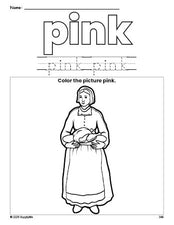 Free Thanksgiving pilgrim color pink coloring page and color worksheet, pink worksheet for preschoolers to learn colors, printable PDF