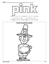 Free Thanksgiving pilgrim color pink coloring page and color worksheet, pink worksheet for preschoolers to learn colors, printable PDF