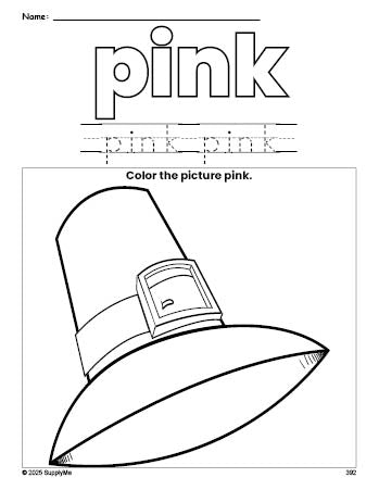 Free Thanksgiving pilgrim color pink coloring page and color worksheet, pink worksheet for preschoolers to learn colors, printable PDF