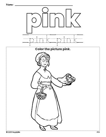 Free Thanksgiving pilgrim color pink coloring page and color worksheet, pink worksheet for preschoolers to learn colors, printable PDF