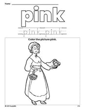 Free Thanksgiving pilgrim color pink coloring page and color worksheet, pink worksheet for preschoolers to learn colors, printable PDF