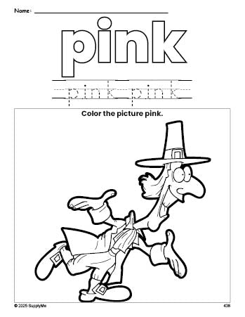 Free Thanksgiving pilgrim color pink coloring page and color worksheet, pink worksheet for preschoolers to learn colors, printable PDF