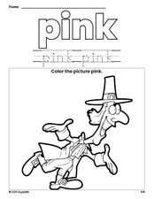 Free Thanksgiving pilgrim color pink coloring page and color worksheet, pink worksheet for preschoolers to learn colors, printable PDF