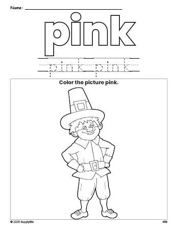 Free Thanksgiving pilgrim color pink coloring page and color worksheet, pink worksheet for preschoolers to learn colors, printable PDF