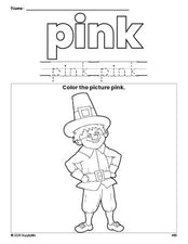 Free Thanksgiving pilgrim color pink coloring page and color worksheet, pink worksheet for preschoolers to learn colors, printable PDF