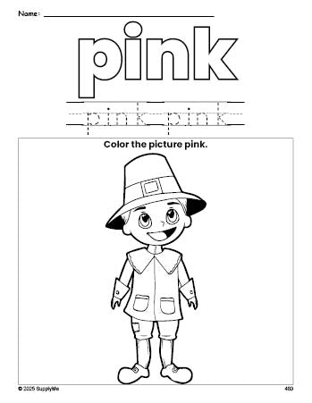 Free Thanksgiving pilgrim color pink coloring page and color worksheet, pink worksheet for preschoolers to learn colors, printable PDF