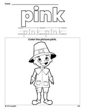 Free Thanksgiving pilgrim color pink coloring page and color worksheet, pink worksheet for preschoolers to learn colors, printable PDF