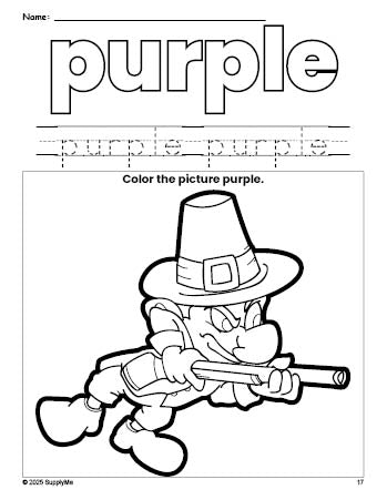 Free Thanksgiving pilgrim color purple coloring page and color worksheet, purple worksheet for preschoolers to learn colors, printable PDF