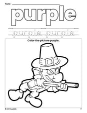 Free Thanksgiving pilgrim color purple coloring page and color worksheet, purple worksheet for preschoolers to learn colors, printable PDF