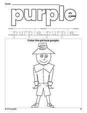 Free Thanksgiving pilgrim color purple coloring page and color worksheet, purple worksheet for preschoolers to learn colors, printable PDF