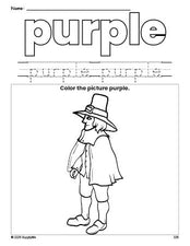 Free Thanksgiving pilgrim color purple coloring page and color worksheet, purple worksheet for preschoolers to learn colors, printable PDF