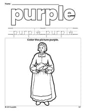 Free Thanksgiving pilgrim color purple coloring page and color worksheet, purple worksheet for preschoolers to learn colors, printable PDF