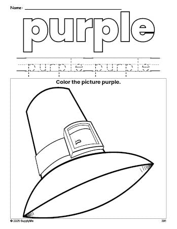 Free Thanksgiving pilgrim color purple coloring page and color worksheet, purple worksheet for preschoolers to learn colors, printable PDF