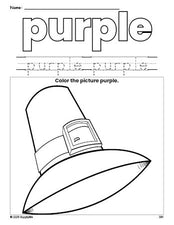 Free Thanksgiving pilgrim color purple coloring page and color worksheet, purple worksheet for preschoolers to learn colors, printable PDF