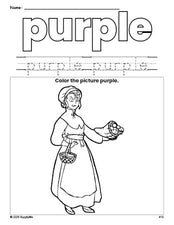 Free Thanksgiving pilgrim color purple coloring page and color worksheet, purple worksheet for preschoolers to learn colors, printable PDF