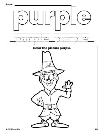 Free Thanksgiving pilgrim color purple coloring page and color worksheet, purple worksheet for preschoolers to learn colors, printable PDF