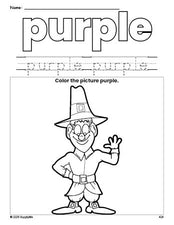 Free Thanksgiving pilgrim color purple coloring page and color worksheet, purple worksheet for preschoolers to learn colors, printable PDF