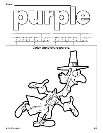 Free Thanksgiving pilgrim color purple coloring page and color worksheet, purple worksheet for preschoolers to learn colors, printable PDF