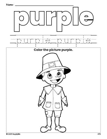 Free Thanksgiving pilgrim color purple coloring page and color worksheet, purple worksheet for preschoolers to learn colors, printable PDF