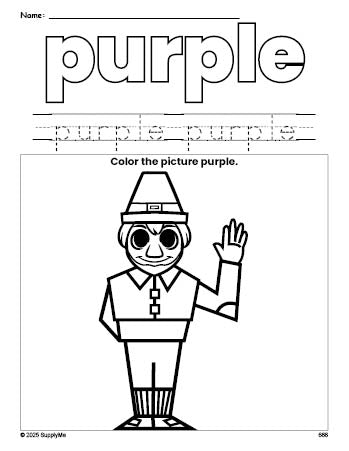 Free Thanksgiving pilgrim color purple coloring page and color worksheet, purple worksheet for preschoolers to learn colors, printable PDF