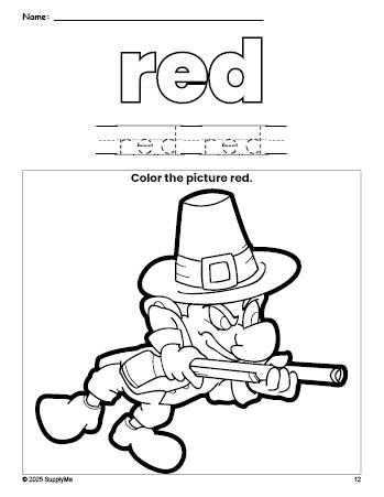 Free Thanksgiving pilgrim color red coloring page and color worksheet, red worksheet for preschoolers to learn colors, printable PDF