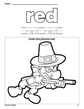 Free Thanksgiving pilgrim color red coloring page and color worksheet, red worksheet for preschoolers to learn colors, printable PDF